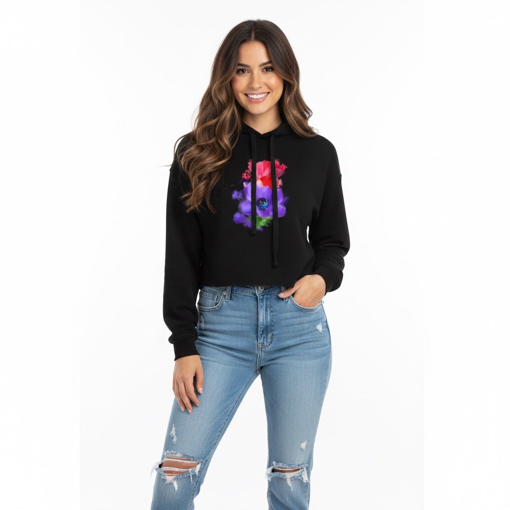 Watercolor Floral Black Crop Hoodie | Original Hand-Painted Anemone Art | Premium Raw-Edge Women’s Streetwear - Starzzyco