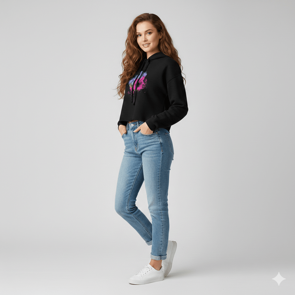 Curated Fuchsia Bloom Cropped Pullover | Signature Floral Graphic | Aesthetic Raw-Hem Lounge Apparel - Starzzyco