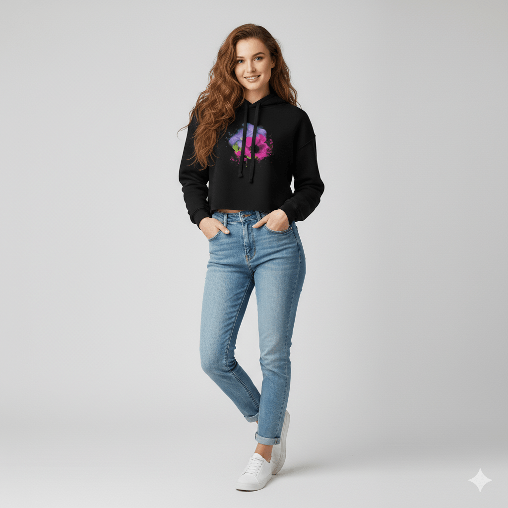 Woman wearing a black hoodie with a colorful graphic print and blue jeans on a gray background