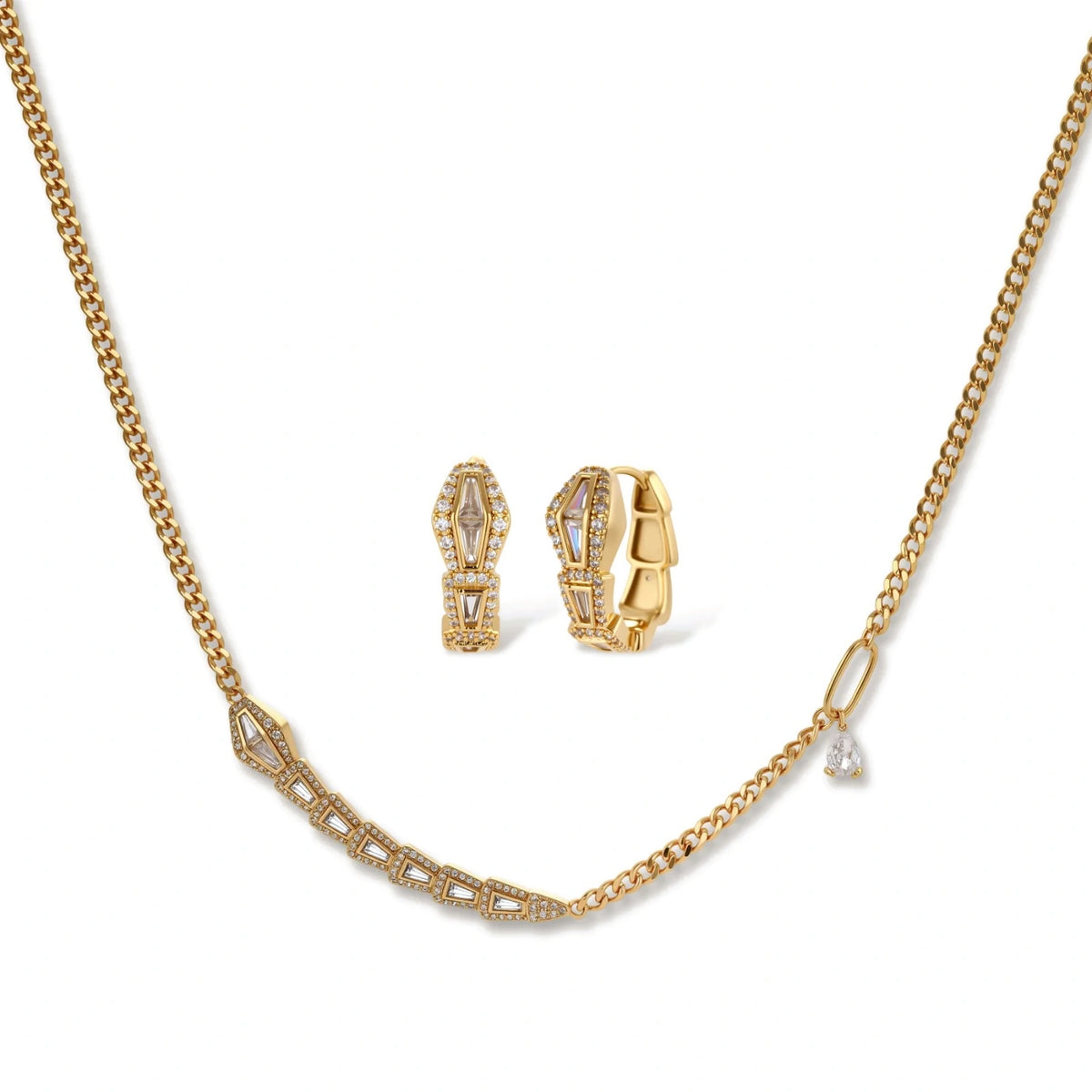 Gold-plated necklace with geometric diamond segments and matching huggie earrings featuring cubic zirconia details