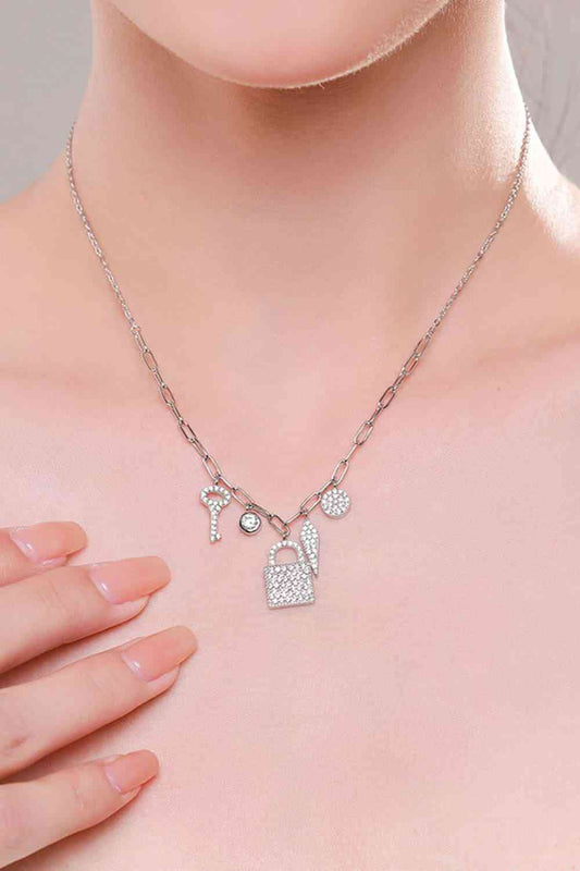 925 Sterling Silver Lock & Key Zircon Pendant Necklace - Starzzyco