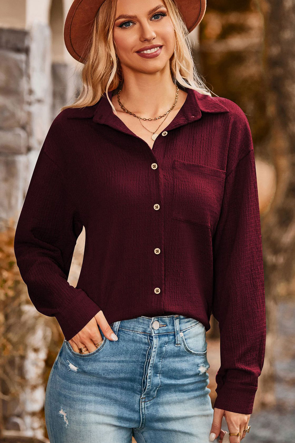 Twisted Collared Neck Long Sleeve Shirt - Starzzyco