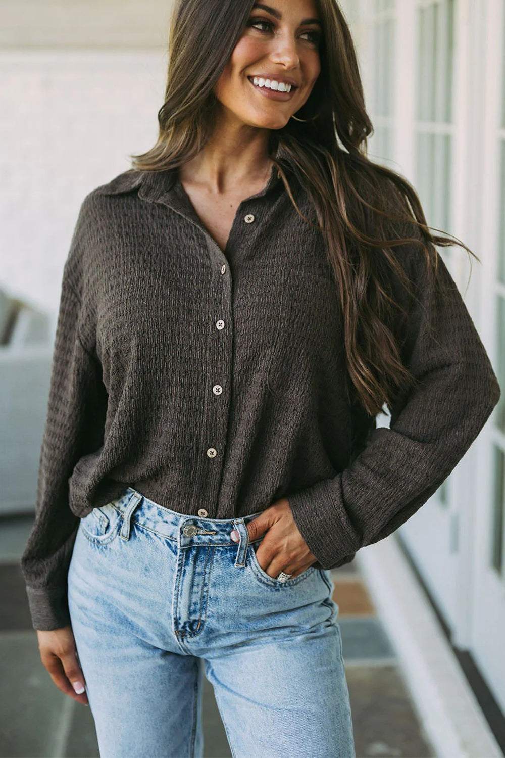 Twisted Collared Neck Long Sleeve Shirt - Starzzyco