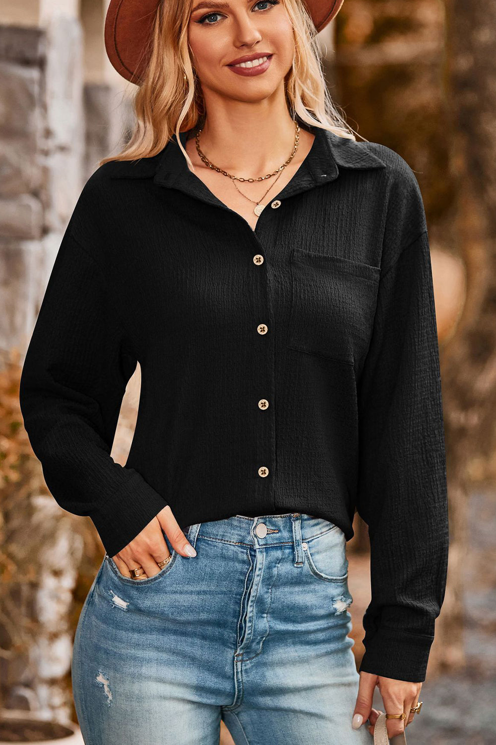 Twisted Collared Neck Long Sleeve Shirt - Starzzyco