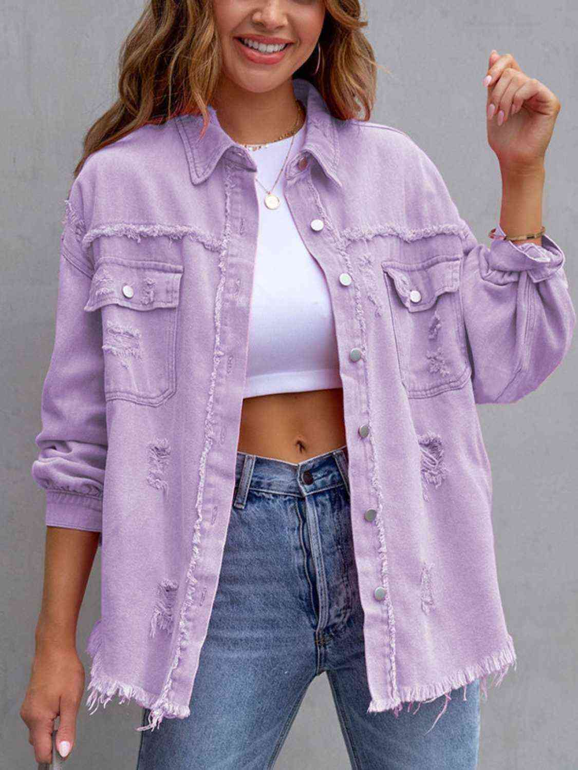 Distressed Drop Shoulder Denim Jacket | Other Colors Available - Starzzyco