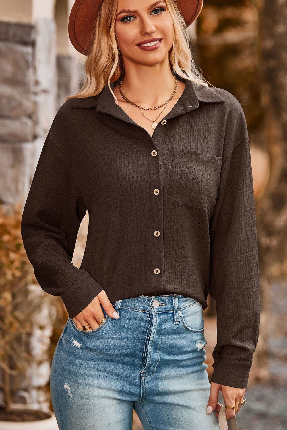 Twisted Collared Neck Long Sleeve Shirt - Starzzyco