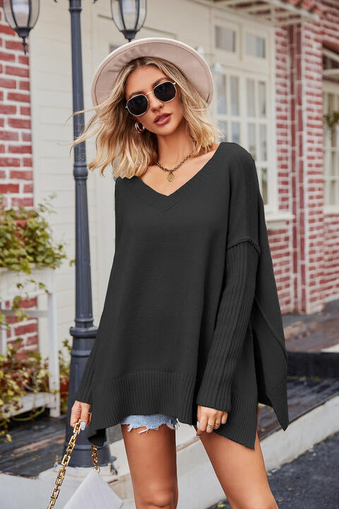 V-Neck Slit Exposed Seam Sweater | Other Colors Available - Starzzyco