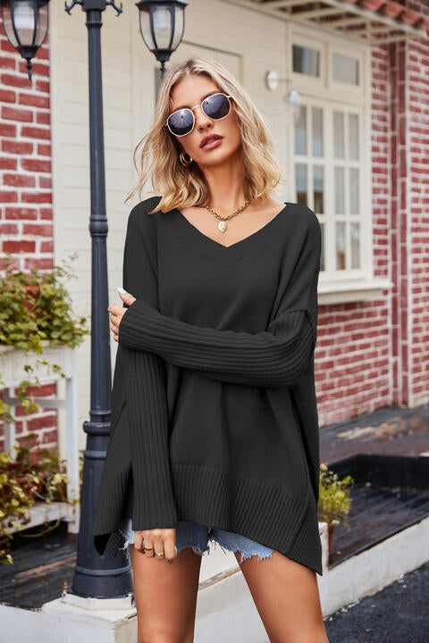 V-Neck Slit Exposed Seam Sweater | Other Colors Available - Starzzyco