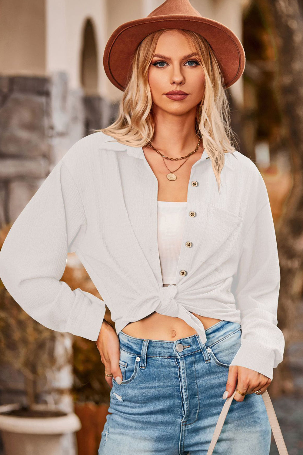 Twisted Collared Neck Long Sleeve Shirt - Starzzyco