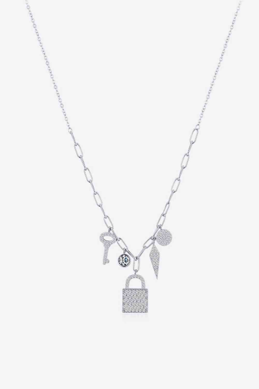 925 Sterling Silver Lock & Key Zircon Pendant Necklace - Starzzyco