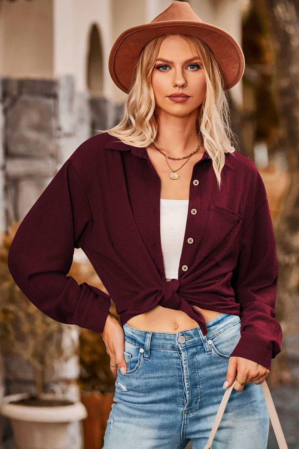 Twisted Collared Neck Long Sleeve Shirt - Starzzyco